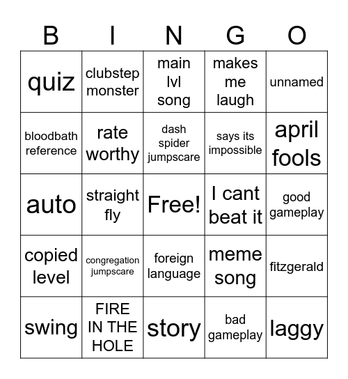 geometry dash bingo Card