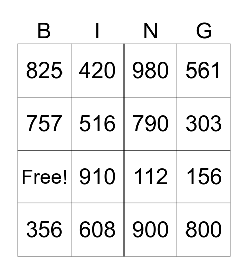 3 digit numbers Bingo Card