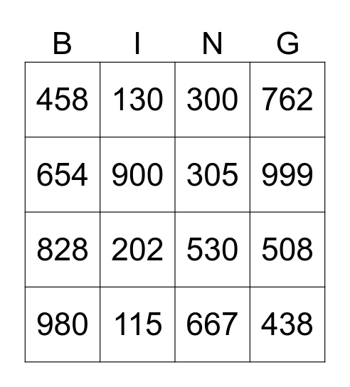 3 digit numbers Bingo Card