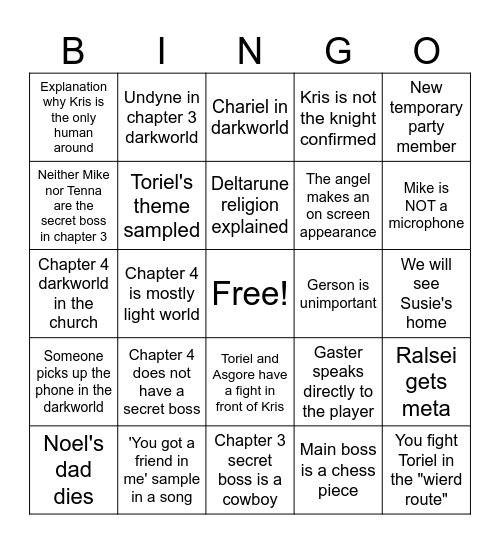 Deltarune Chapters 3&4 Bingo Card