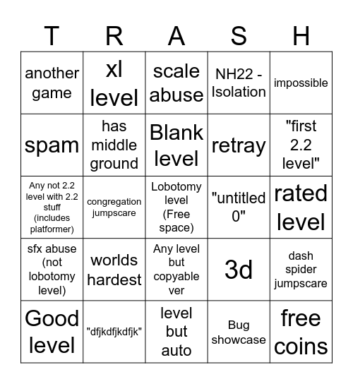 Geometry Dash 2.2 Recent Tab Bingo Card