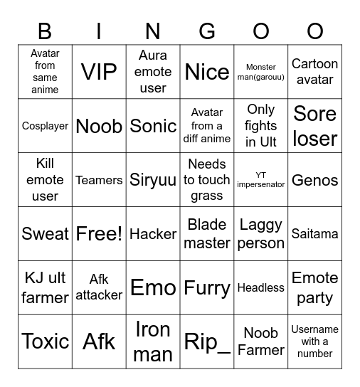 TSB Bingo Card