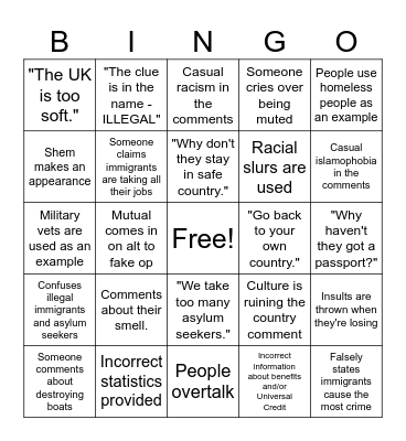 Immigration Bingo Card
