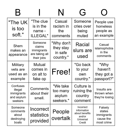 Immigration Bingo Card