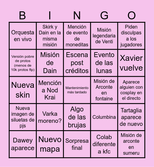 Bingo versión 5.7 genshin Bingo Card