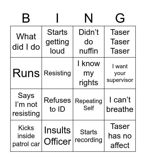 Arrest Bingo Card