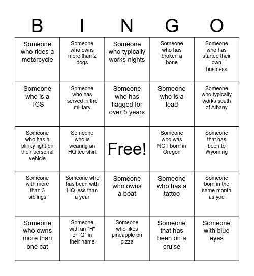 HQ Meet and Greet Bingo Card