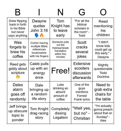 Friday Morning Bible Study Bingo Card