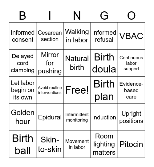 Lamaze Bingo Card