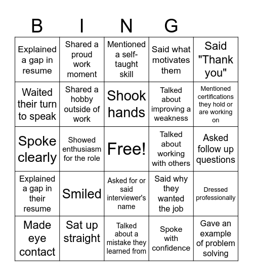 Mock Interview Bingo Card