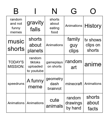 The youtube shorts bingo Card