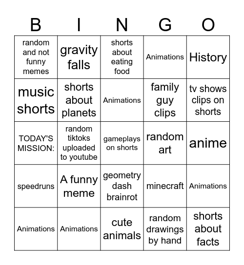The youtube shorts bingo Card