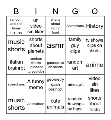 The youtube shorts bingo Card