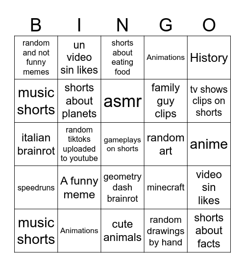The youtube shorts bingo Card