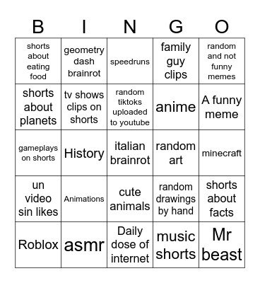 The youtube shorts bingo Card