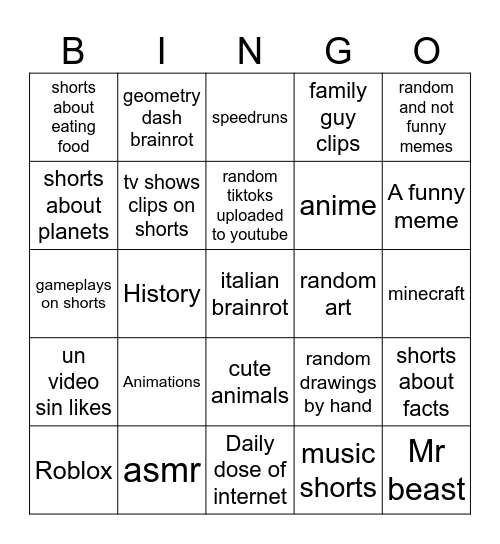 The youtube shorts bingo Card