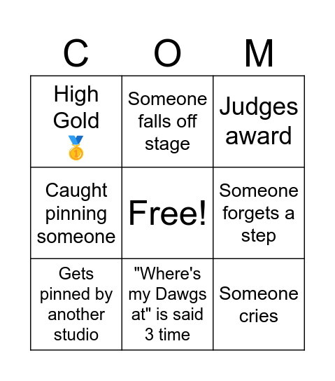 Dance Kidz comp bingo Card