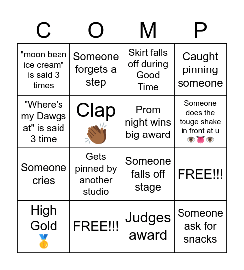 Dance Kidz comp bingo Card