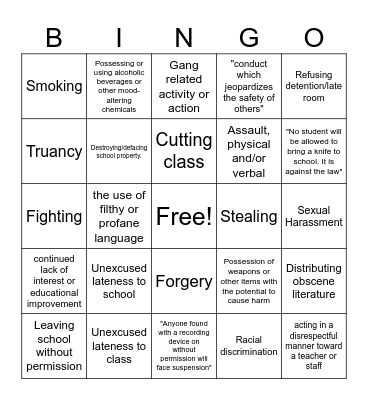 High School Handbook Bingo Card