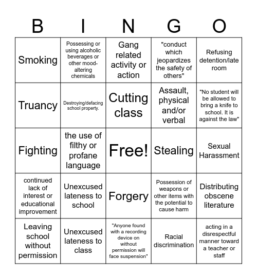 High School Handbook Bingo Card