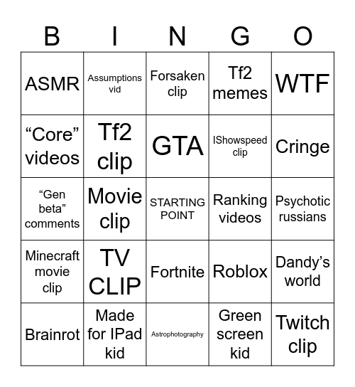 YouTube shorts bingo Card