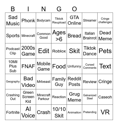 YT Shorts Bingo Card