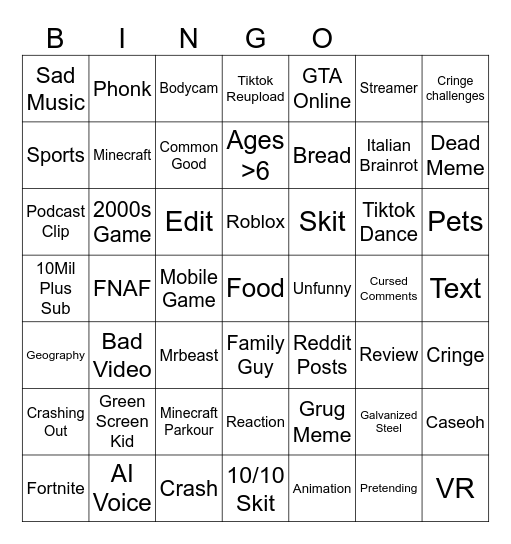 YT Shorts Bingo Card