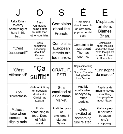 Josée in Europe Bingo Card