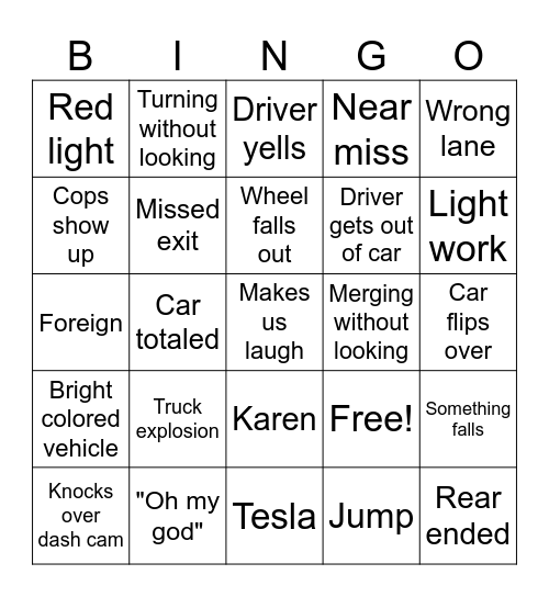 Car Crash Bingo Card