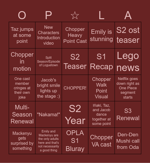 OPLA Tudum 2025 Bingo Card