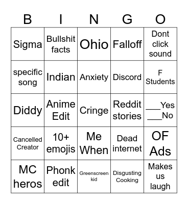YT Shorts/Comments Bingo Card