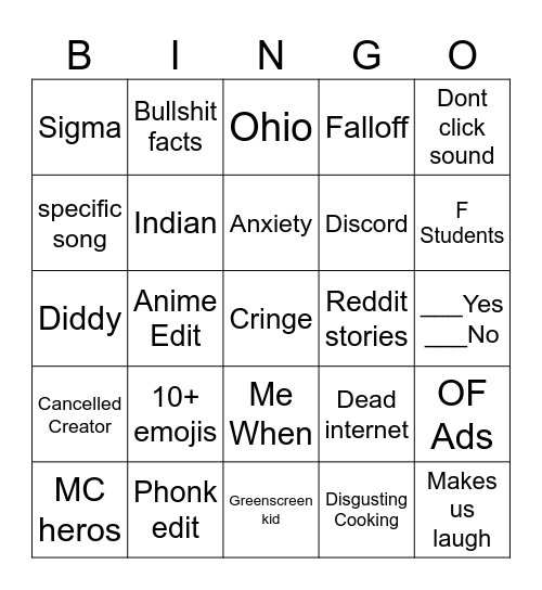 YT Shorts/Comments Bingo Card