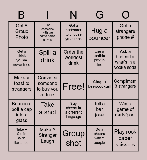 Nics 26th  Bar Crawl Bingo Card