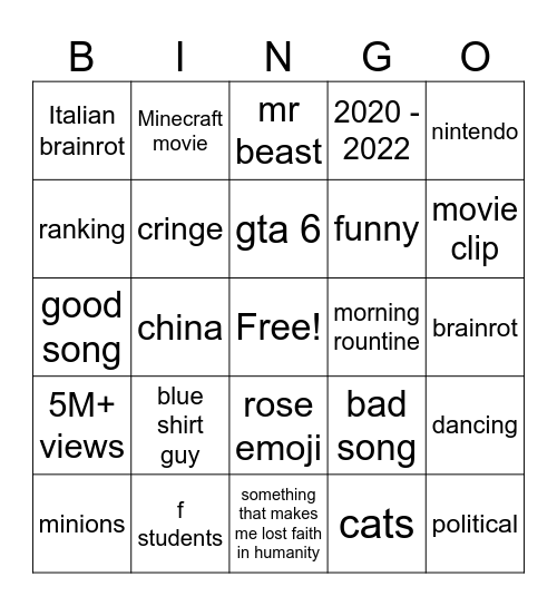 tiktok brainrot Bingo Card