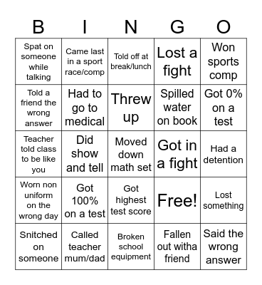School moments Bingo Card