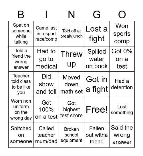 School moments Bingo Card