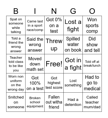 School moments Bingo Card