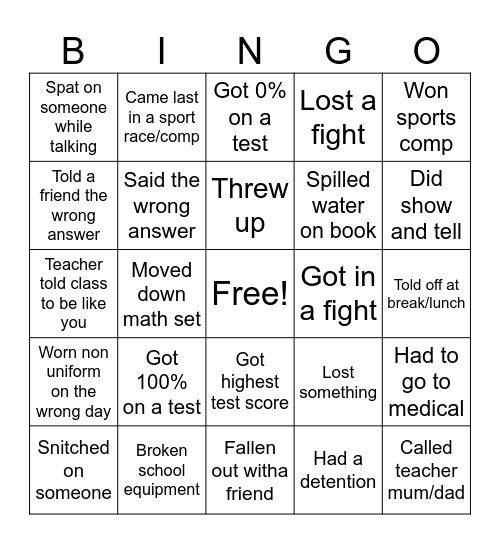School moments Bingo Card