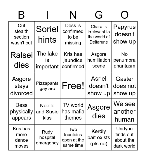 Yark Deltarune Predictions Bingo Card