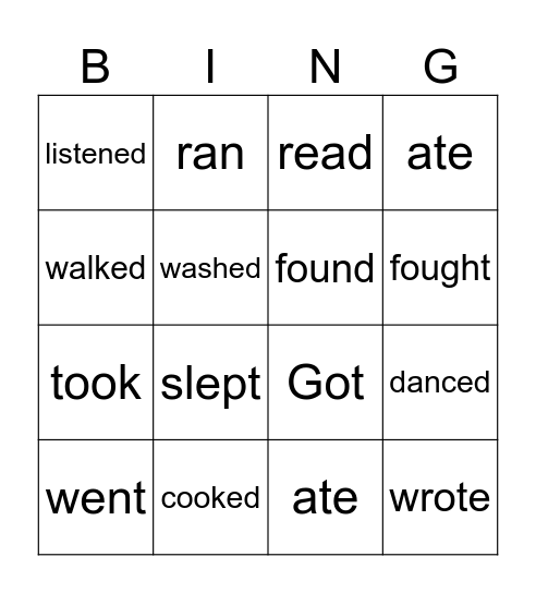 Past verbs Bingo Card