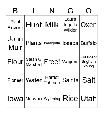 Handcart Pioneers, 1856-1860 Bingo Card