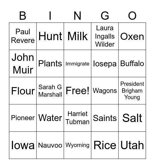 Handcart Pioneers, 1856-1860 Bingo Card