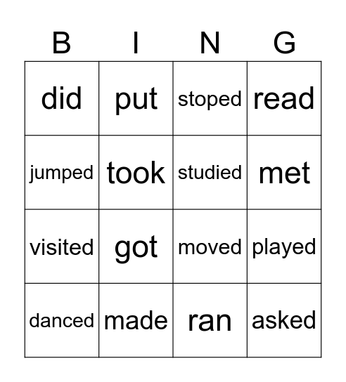 Past Simple Bingo Card
