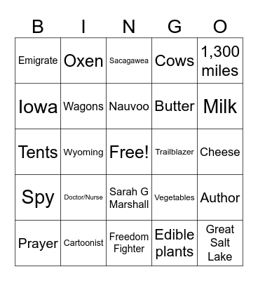 Handcart Pioneers Bingo Card