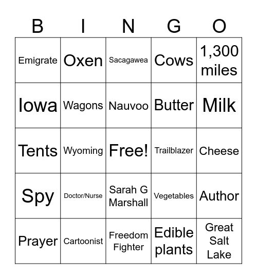 Handcart Pioneers Bingo Card