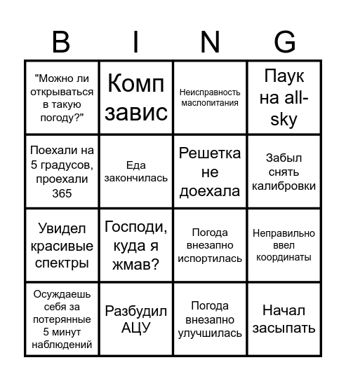 Бинго наблюдений Bingo Card