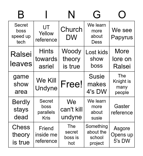 Deltarune 3 + 4 Predictions Bingo Card