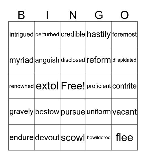 Vocab Words Bingo Card