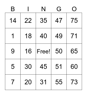 Bingo ni Morri Bingo Card