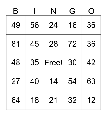 Multiplication Bingo Card